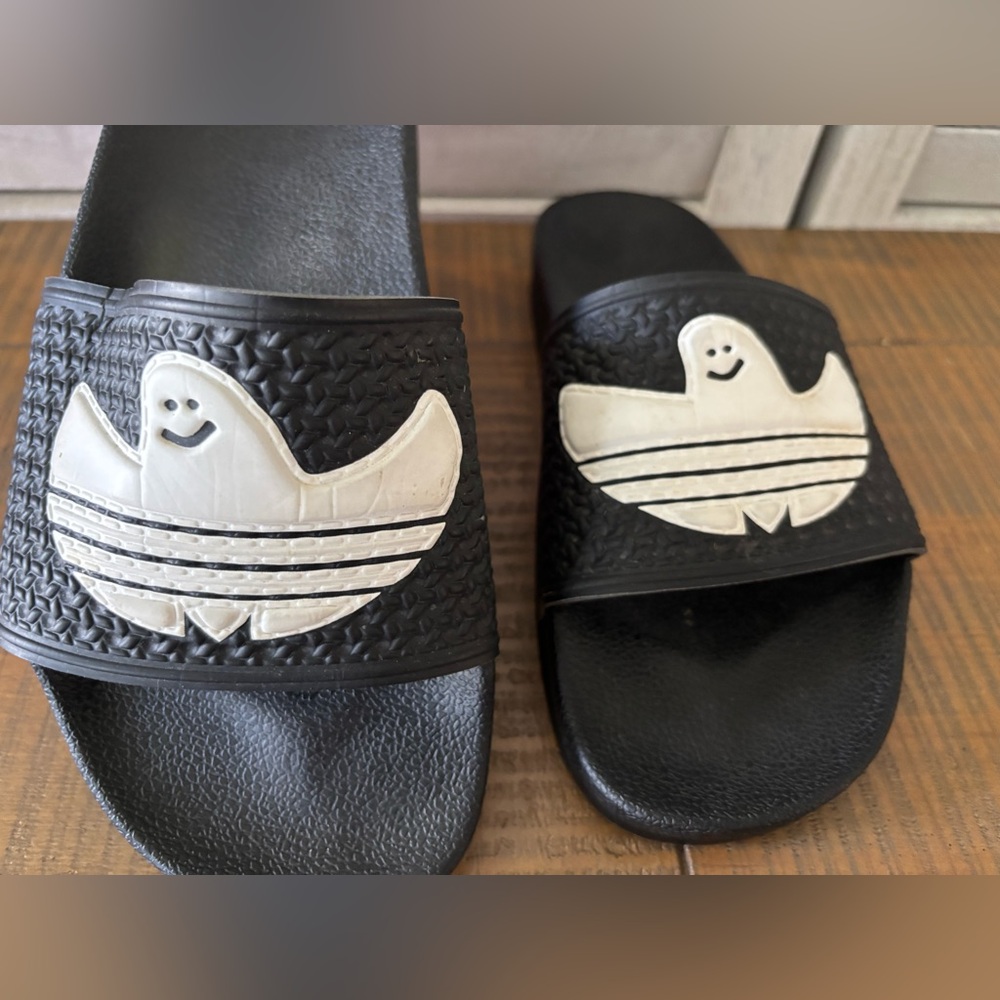 Adidas Shmoofoil Ghost Blue Bird Slides Black/White Men's Sz 6 - Picture 3 of 11